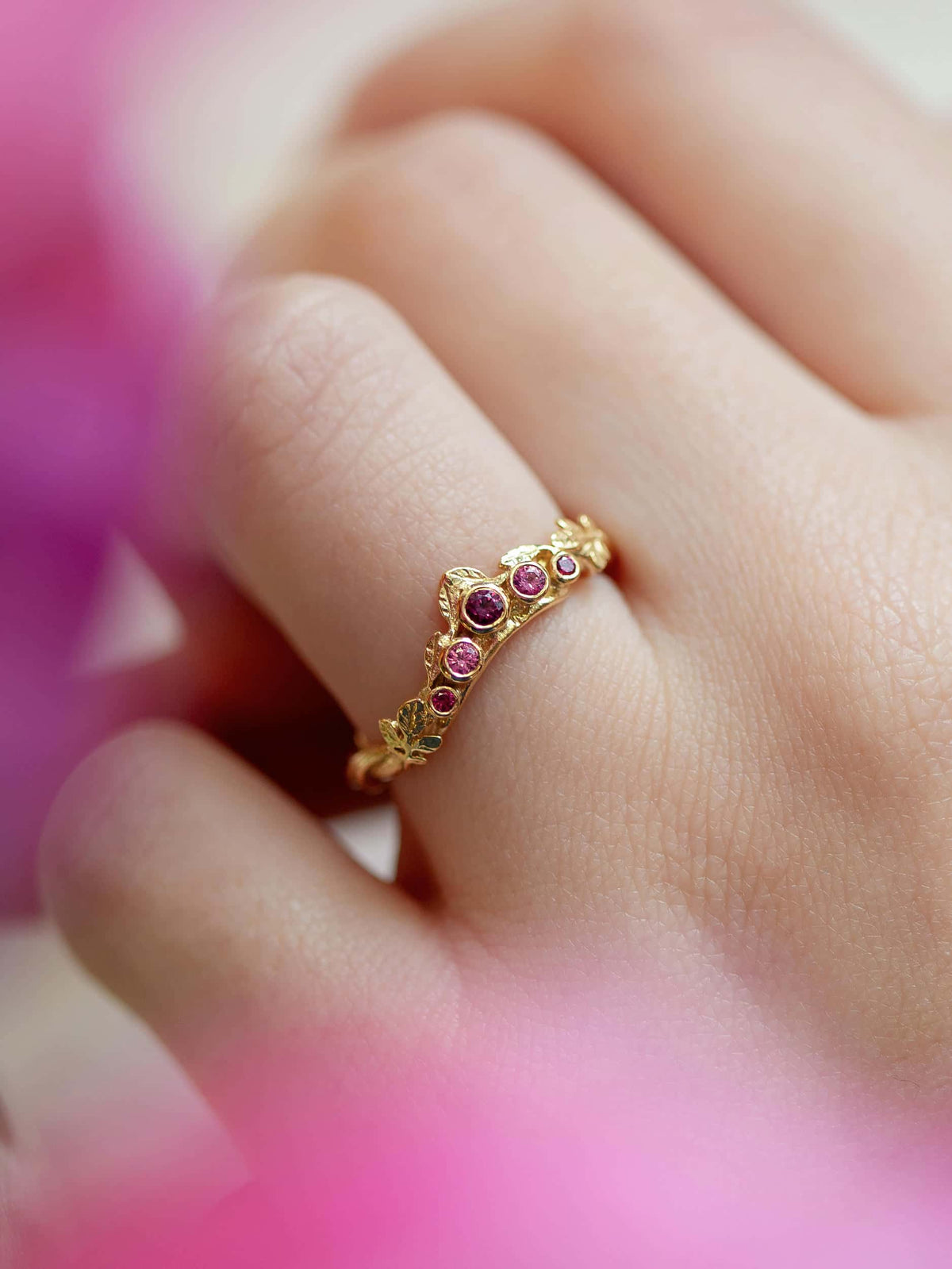 Curved Wildrose Leaf Band with Five Graduated Bezel Set Rubies