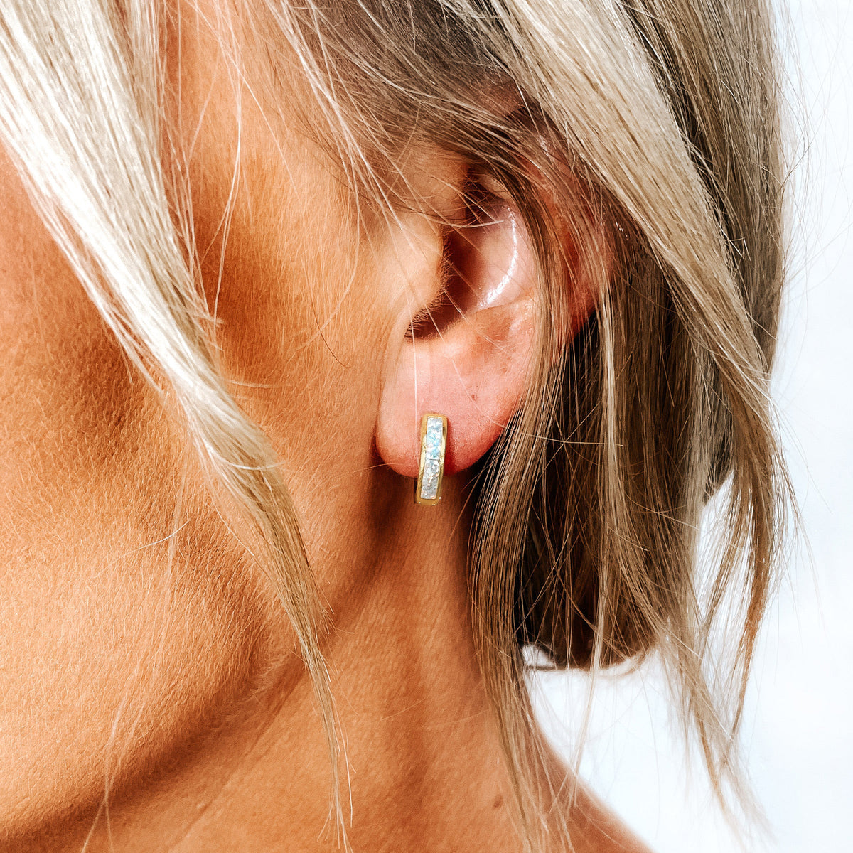 Opal Inlay Huggie Hoops