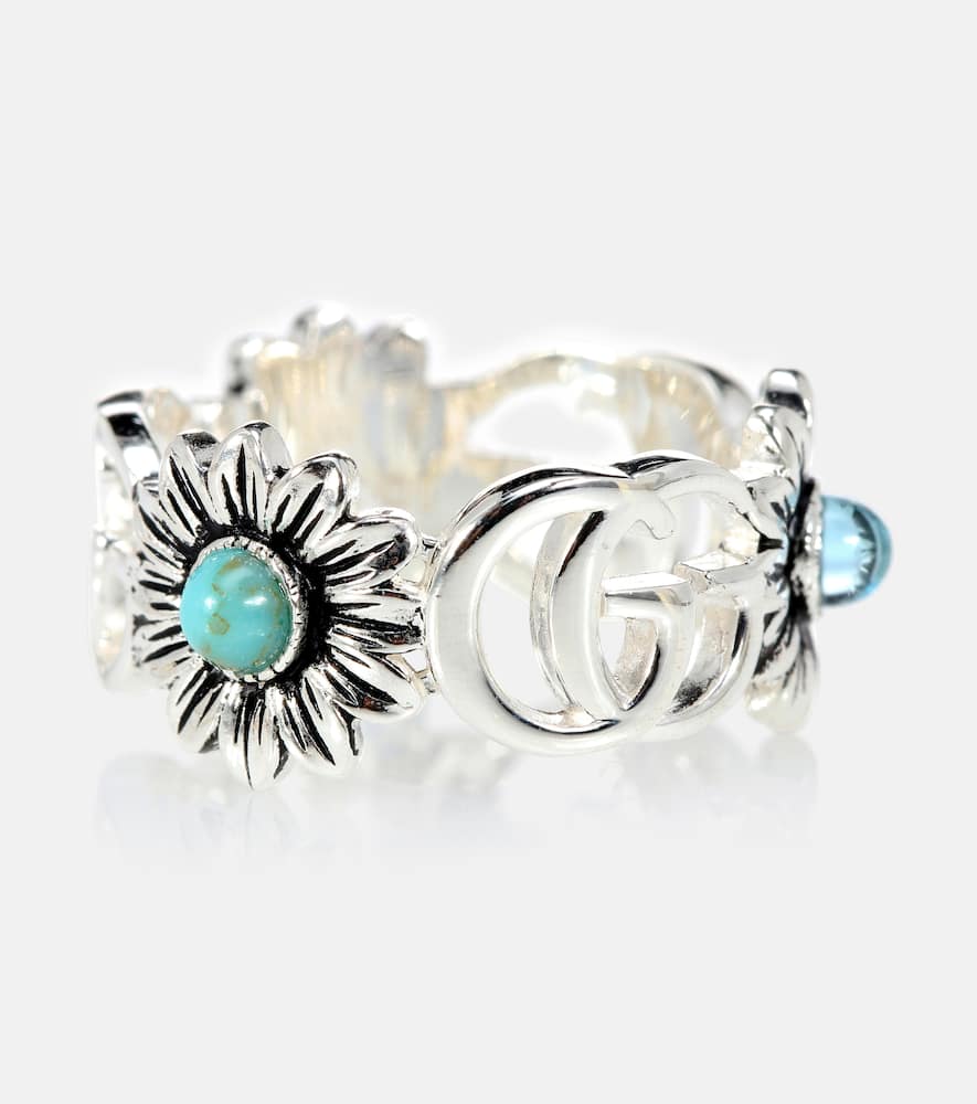 Double G flower sterling silver ring with topaz and mother of pearl