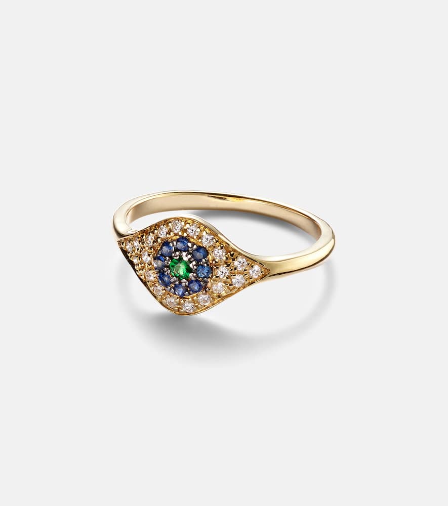 Cats Eye 18kt gold ring with diamonds, sapphires and tsavorite