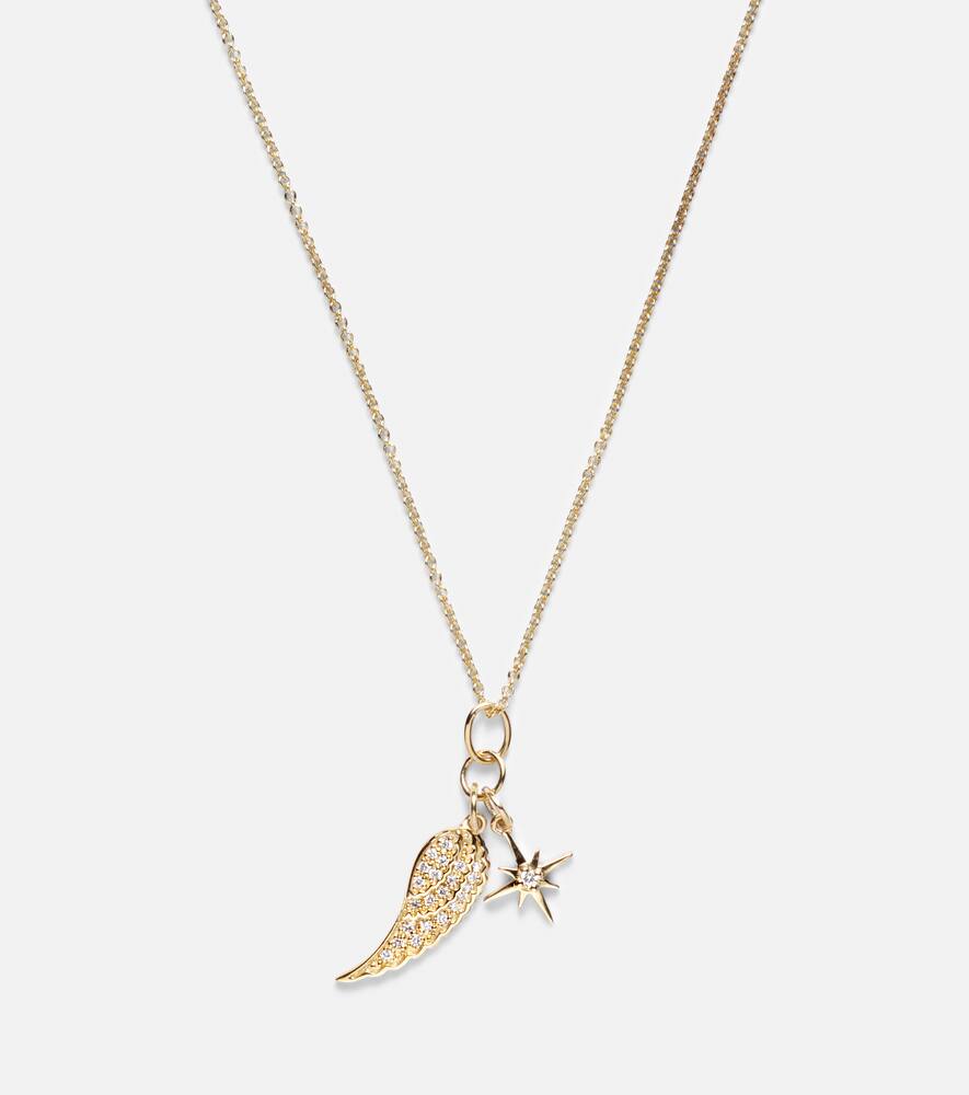 Wing and Starburst 14kt gold necklace with diamonds