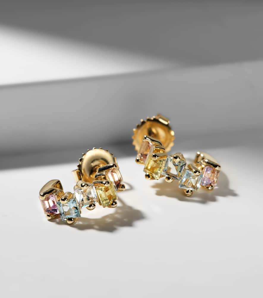 14kt gold mini hoop earrings with gemstones