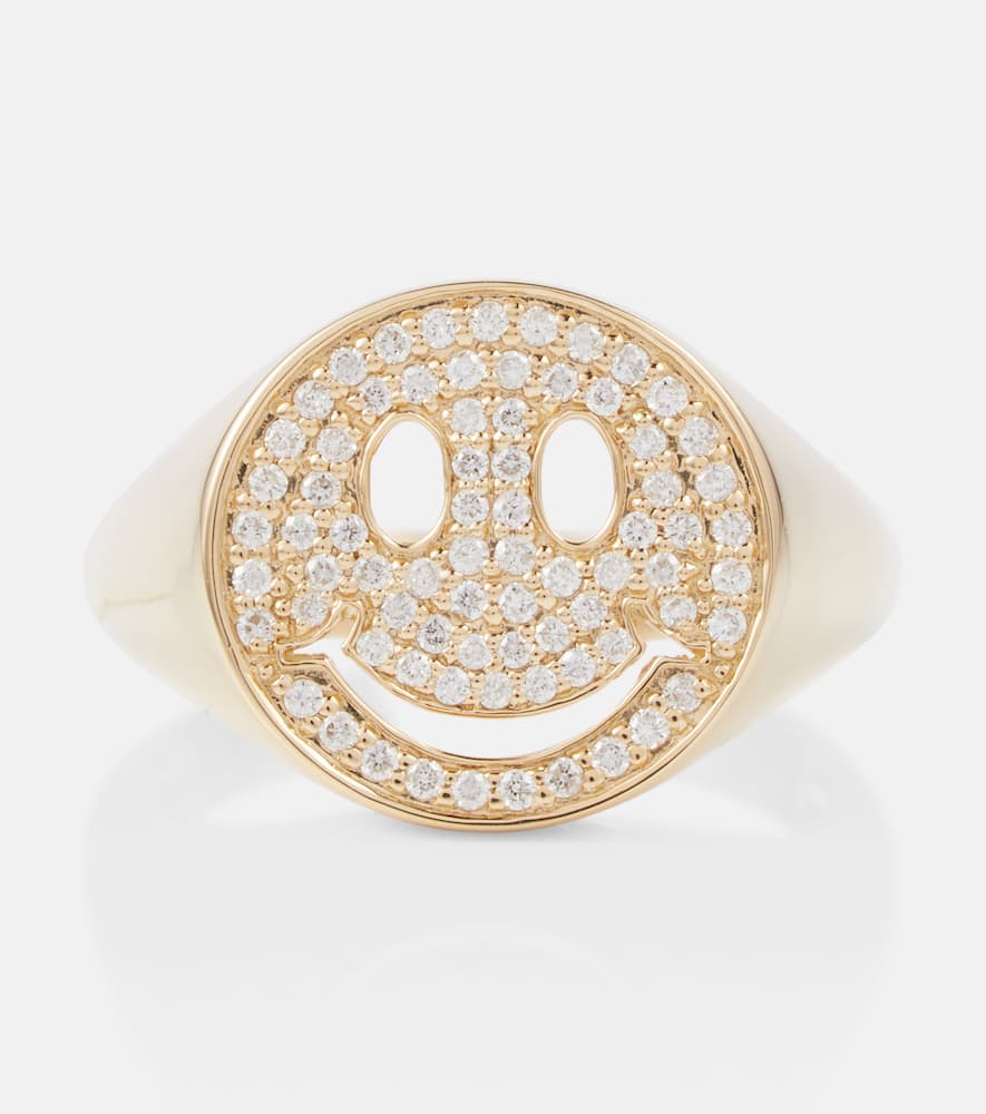 Happy Face 14kt yellow gold signet ring with diamonds