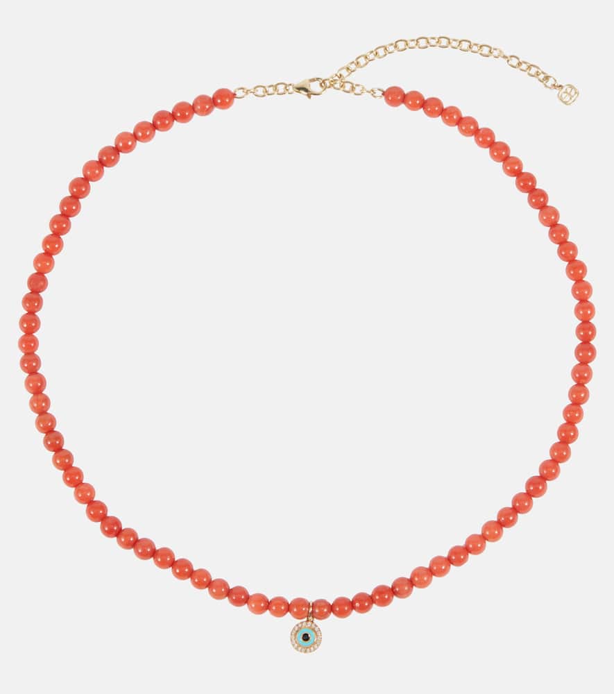 Evil Eye 14kt gold and coral beaded necklace with diamonds