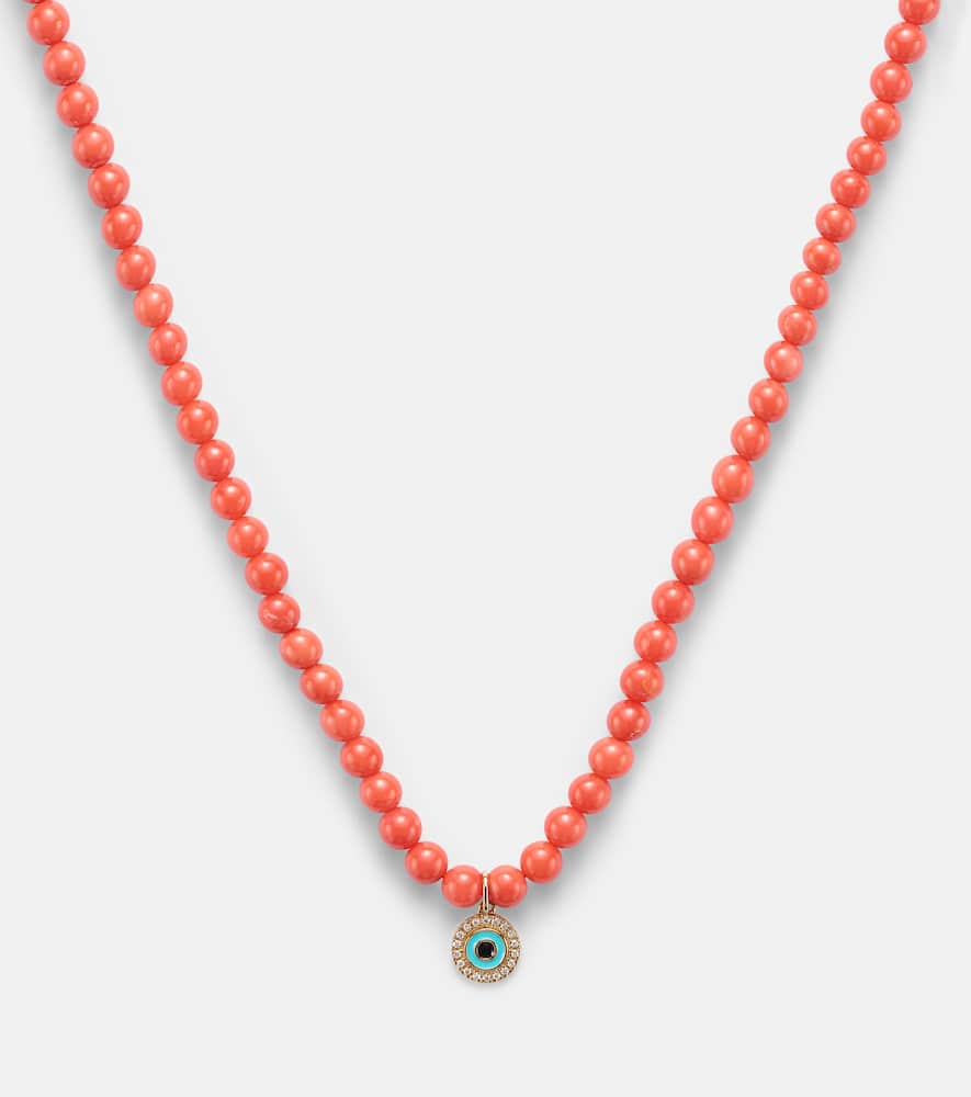 Evil Eye 14kt gold and coral beaded necklace with diamonds