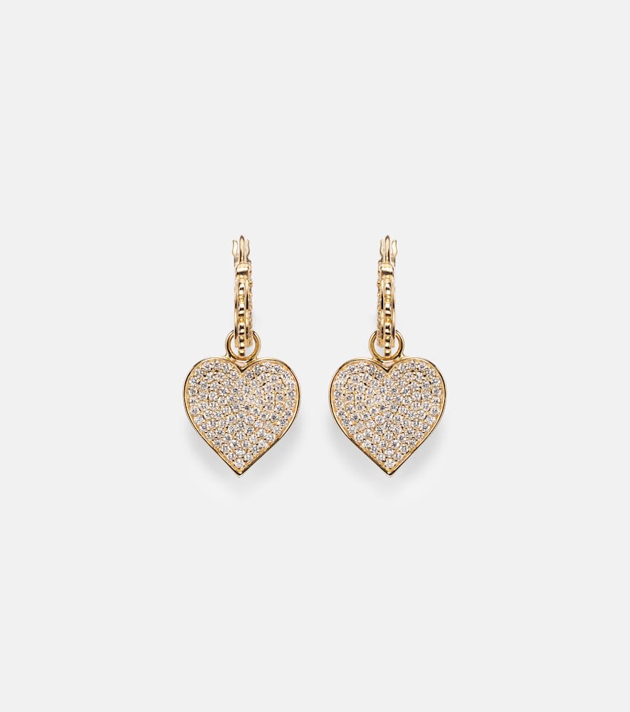 14kt gold scalloped heart charm hoop earrings with diamonds