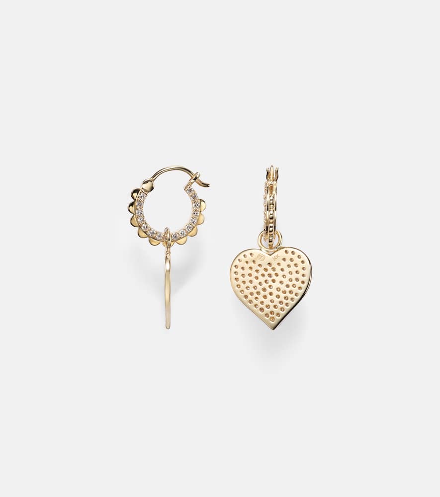 14kt gold scalloped heart charm hoop earrings with diamonds