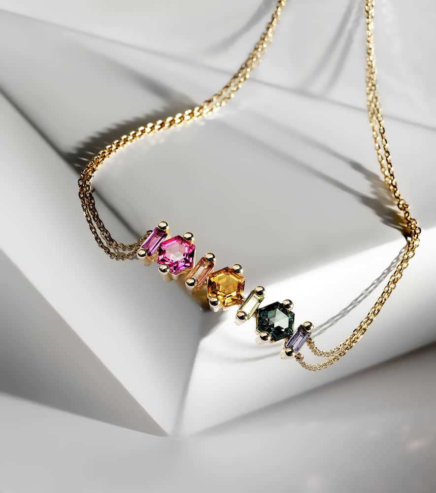 14kt gold adjustable chain bracelet with gemstones