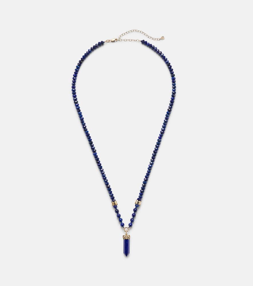 14kt gold beaded necklace with diamonds and lapis
