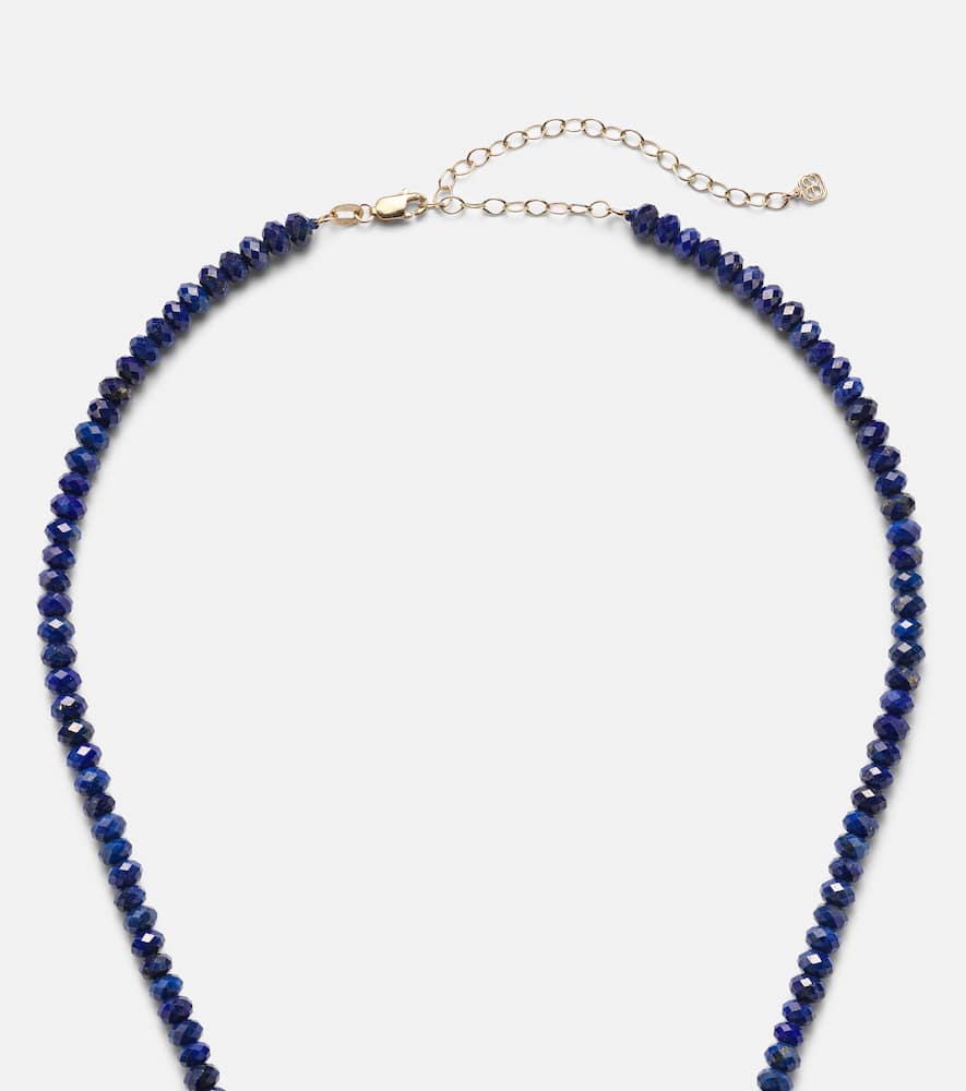 14kt gold beaded necklace with diamonds and lapis
