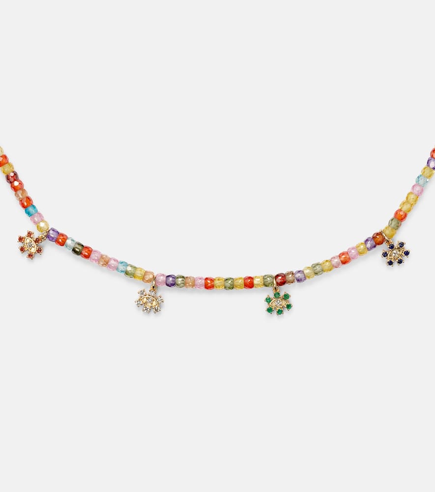 Evil Eye 14kt gold beaded necklace with diamonds