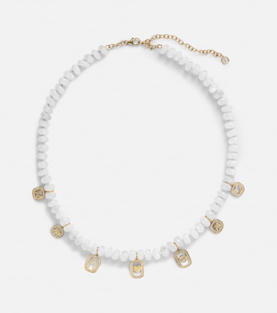 Multi-charm 14kt gold necklace with moonstone and diamonds