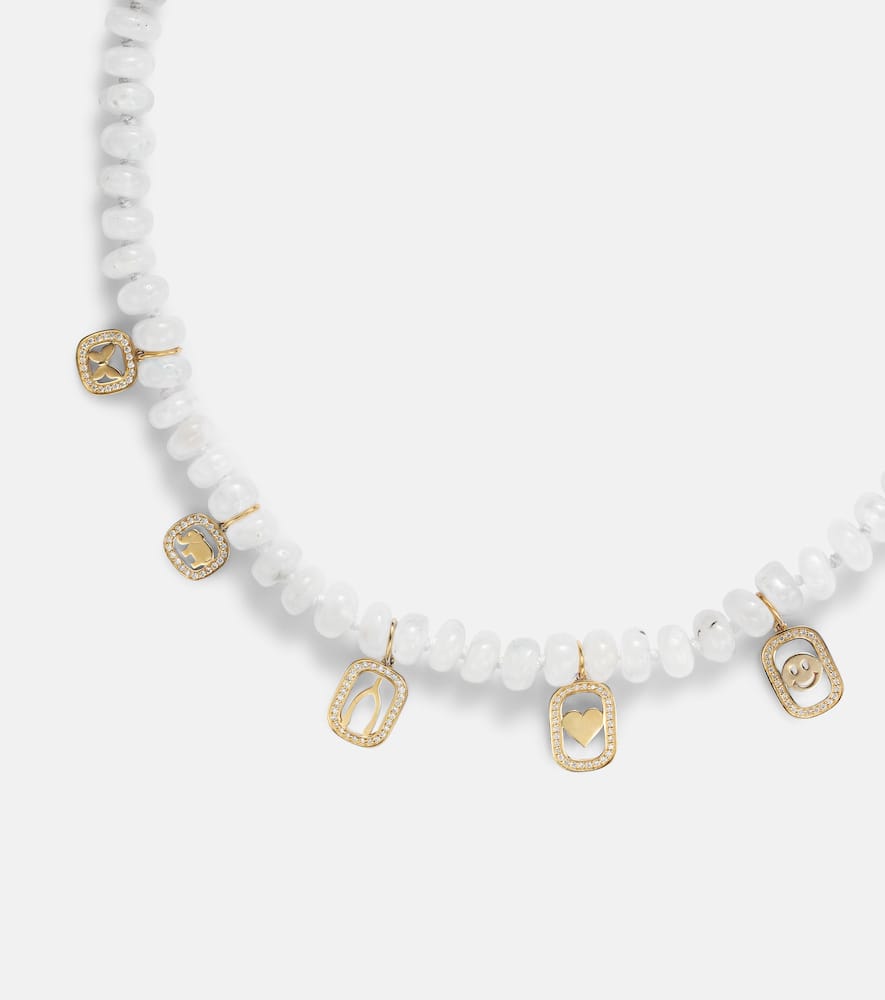 Multi-charm 14kt gold necklace with moonstone and diamonds