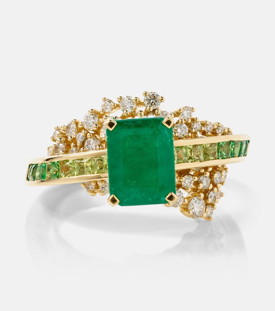 Scatter Emerald Sphere 18kt gold ring with diamonds and emeralds