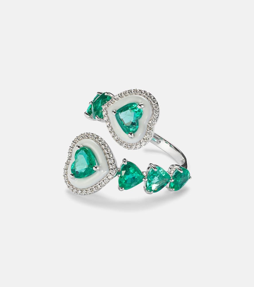 Heart 18kt white gold ring with emeralds and diamonds
