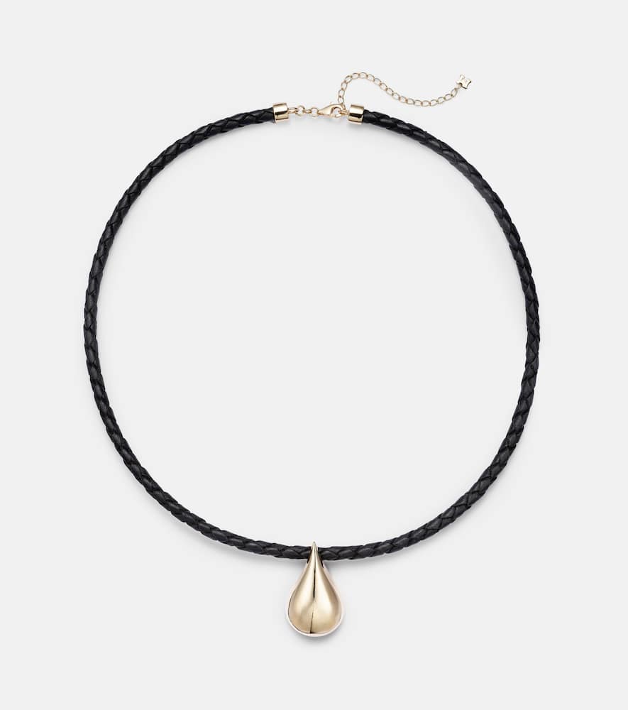 Water Droplet 14kt gold and leather necklace