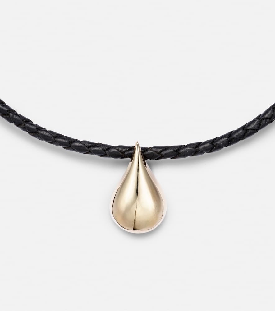 Water Droplet 14kt gold and leather necklace