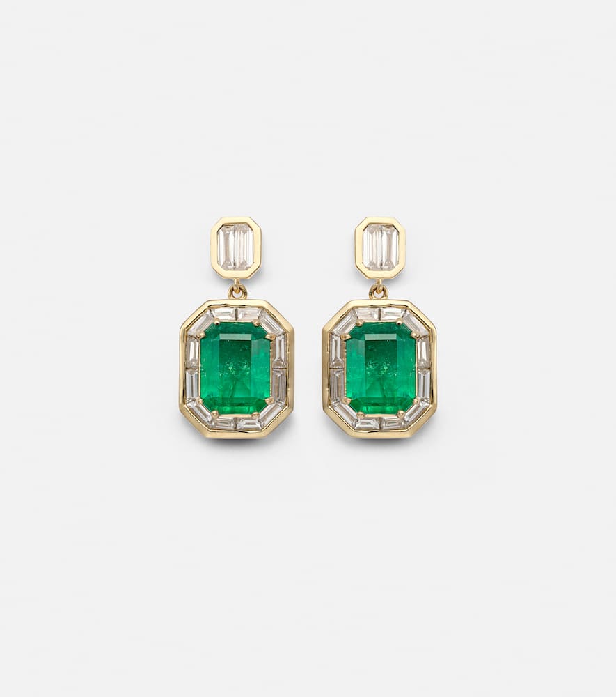 Halo 18kt gold drop earrings with emeralds and diamonds