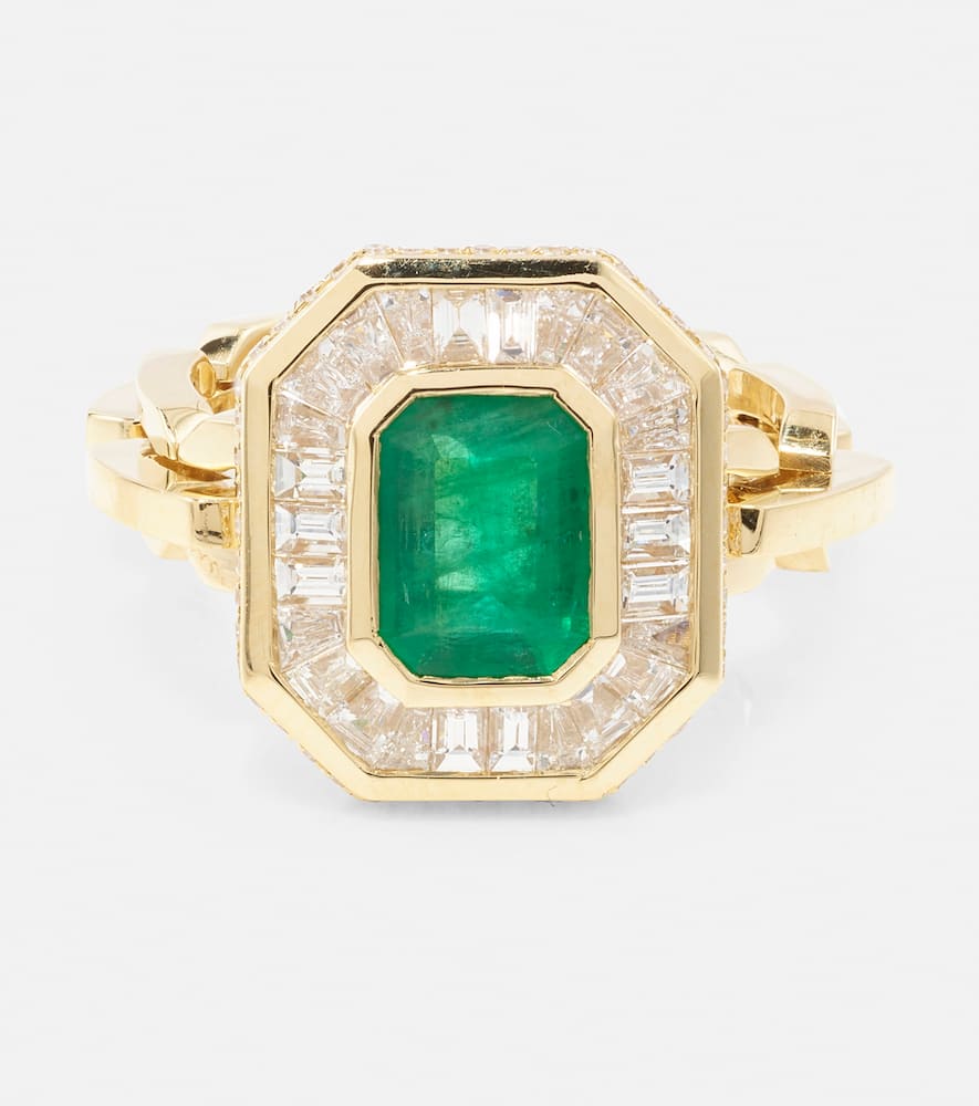 Halo Mini 18kt gold ring with emerald and diamonds