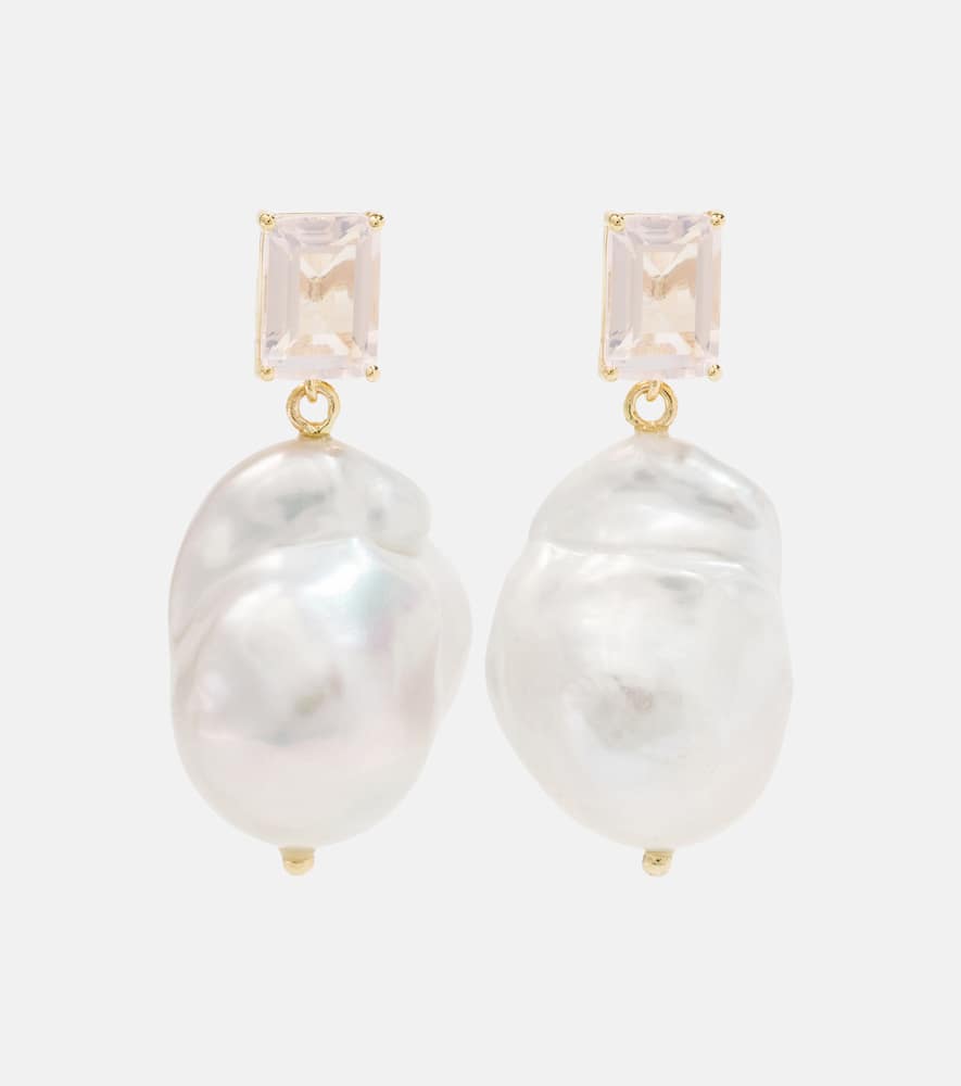 14kt gold drop earrings with rose quartz and Baroque pearls