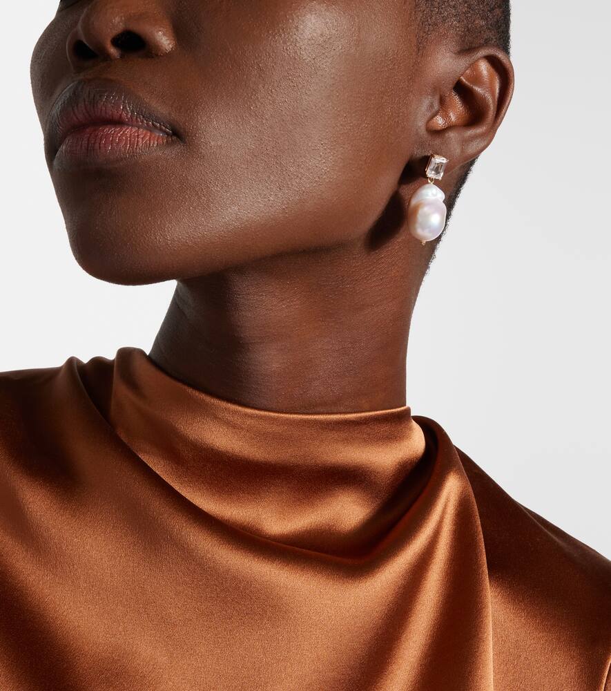 14kt gold drop earrings with rose quartz and Baroque pearls