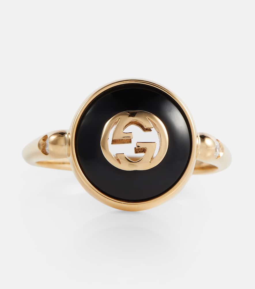 Interlocking G 18kt gold ring with onyx and white diamonds