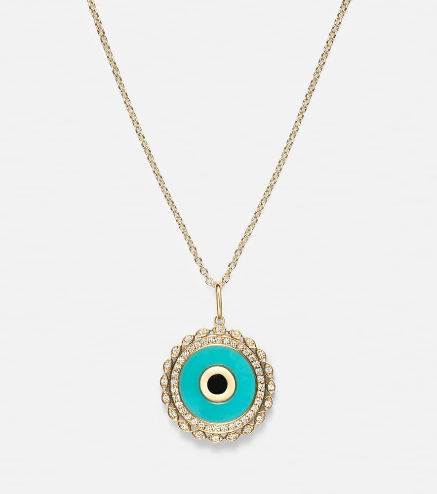 Large Evil Eye 14kt gold chain necklace with diamonds and turquoise