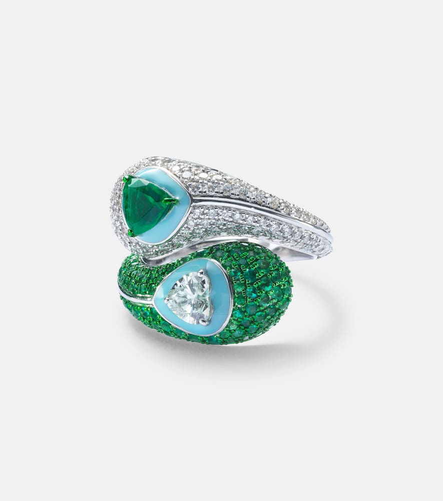 Ying Yang 18kt white gold and enamel ring with emeralds and diamonds
