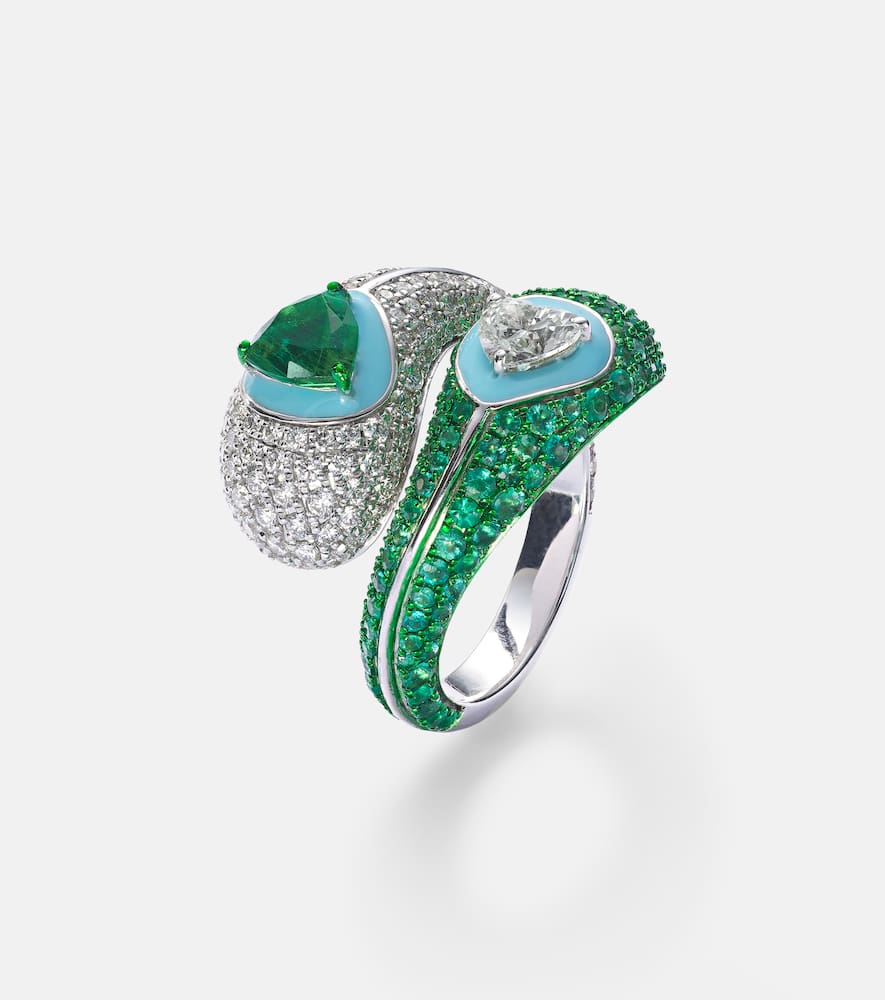 Ying Yang 18kt white gold and enamel ring with emeralds and diamonds