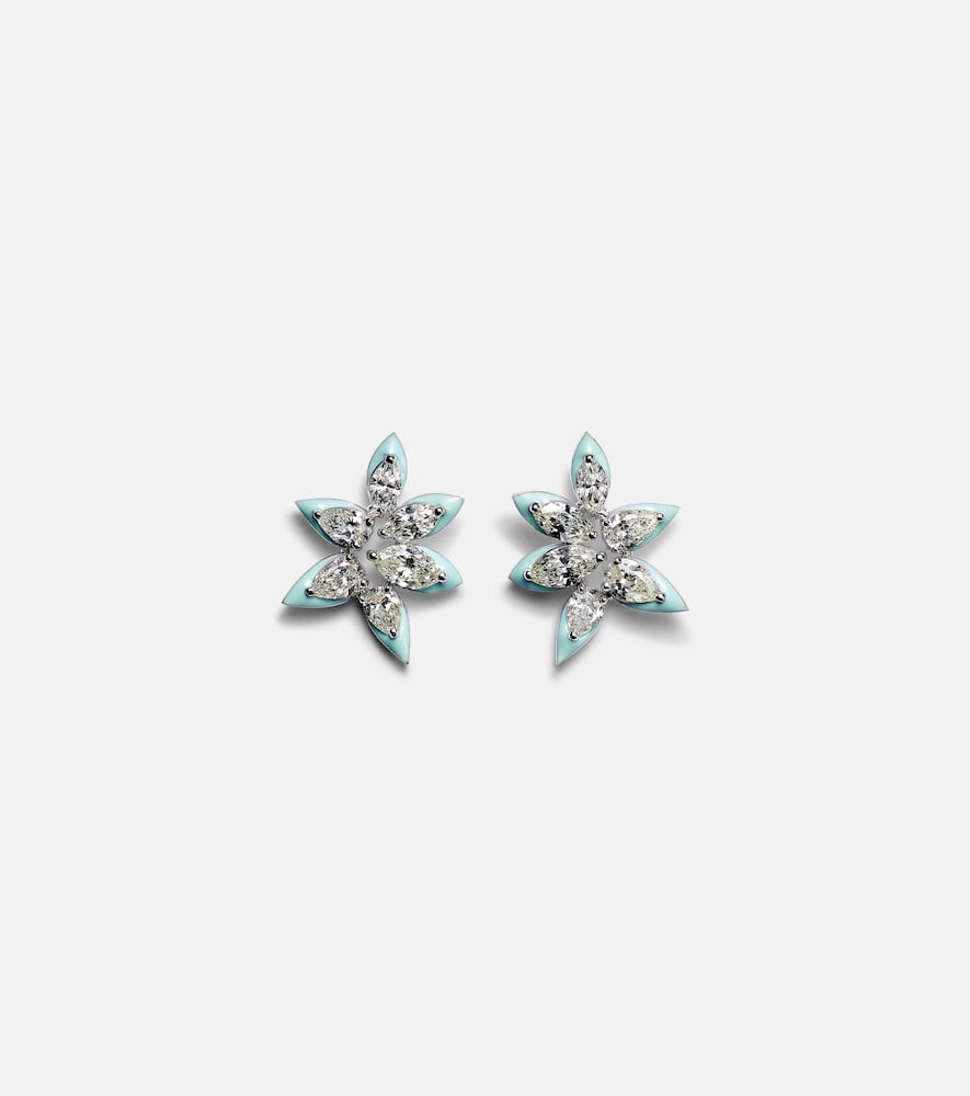 Asymmetric floral 18kt white gold earrings with enamel and diamonds