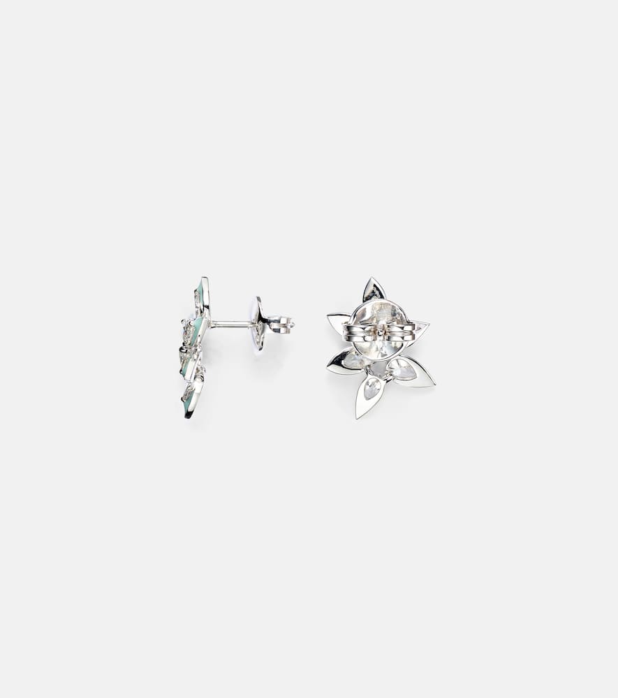 Asymmetric floral 18kt white gold earrings with enamel and diamonds