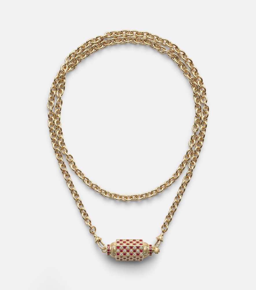 Check 18kt gold locket necklace with diamonds and rubies