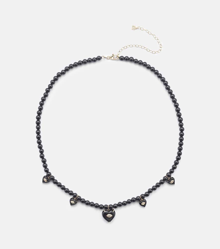 Carved Heart 14kt gold beaded necklace with diamonds and onyx