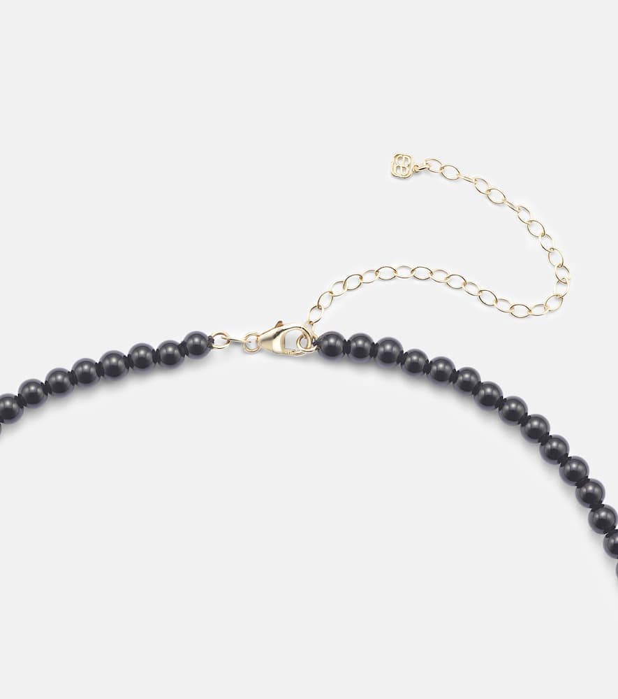 Carved Heart 14kt gold beaded necklace with diamonds and onyx