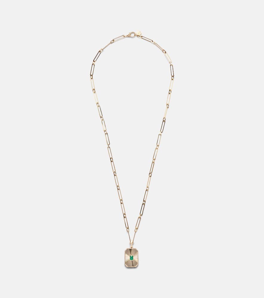 18kt gold Radiant Deco pendant necklace with emerald and diamonds