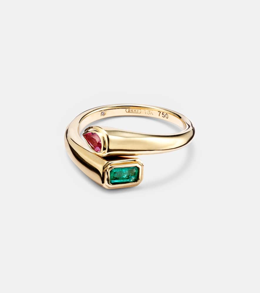 Bypass 18kt gold ring with emerald and sapphire