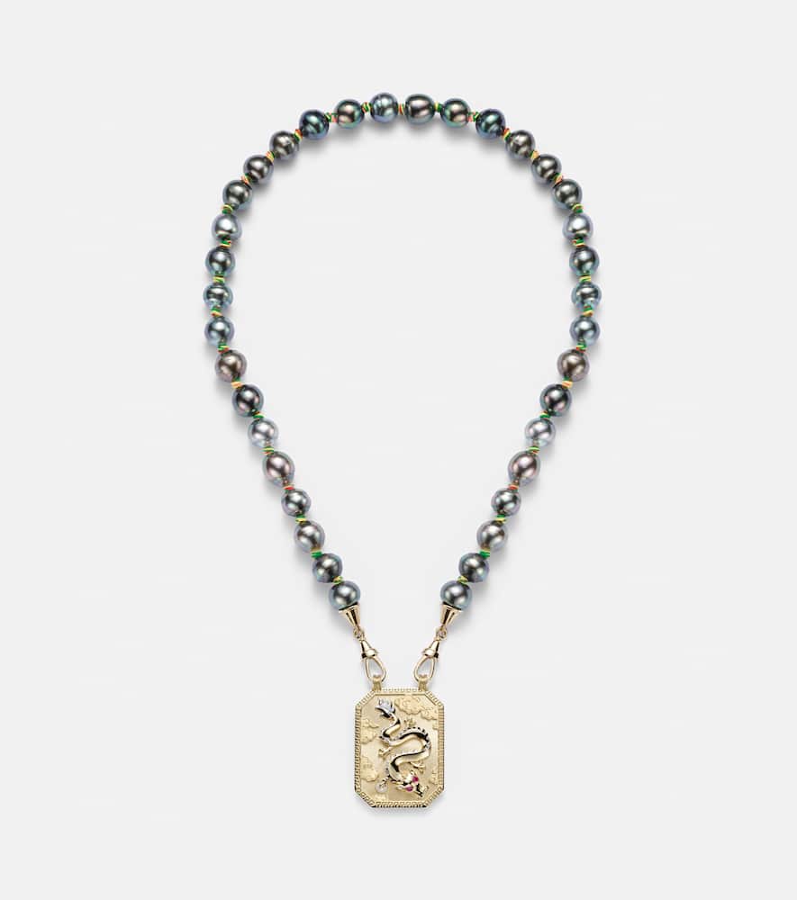 Dragon 18kt gold necklace with pearl and rubies