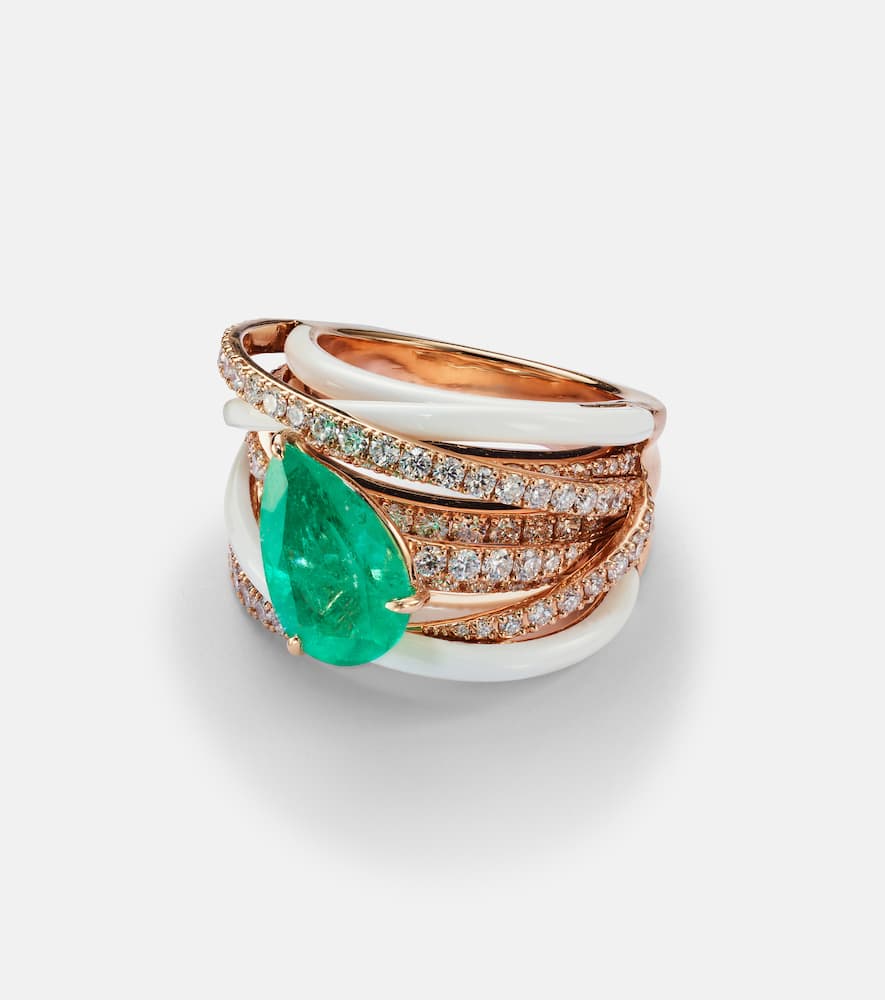 Spiral 18kt rose gold ring with emerald and diamonds