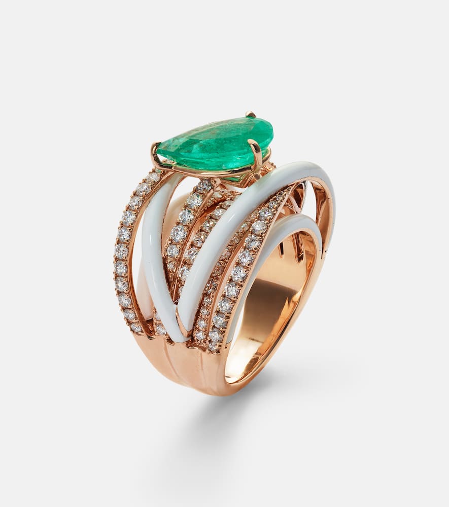 Spiral 18kt rose gold ring with emerald and diamonds