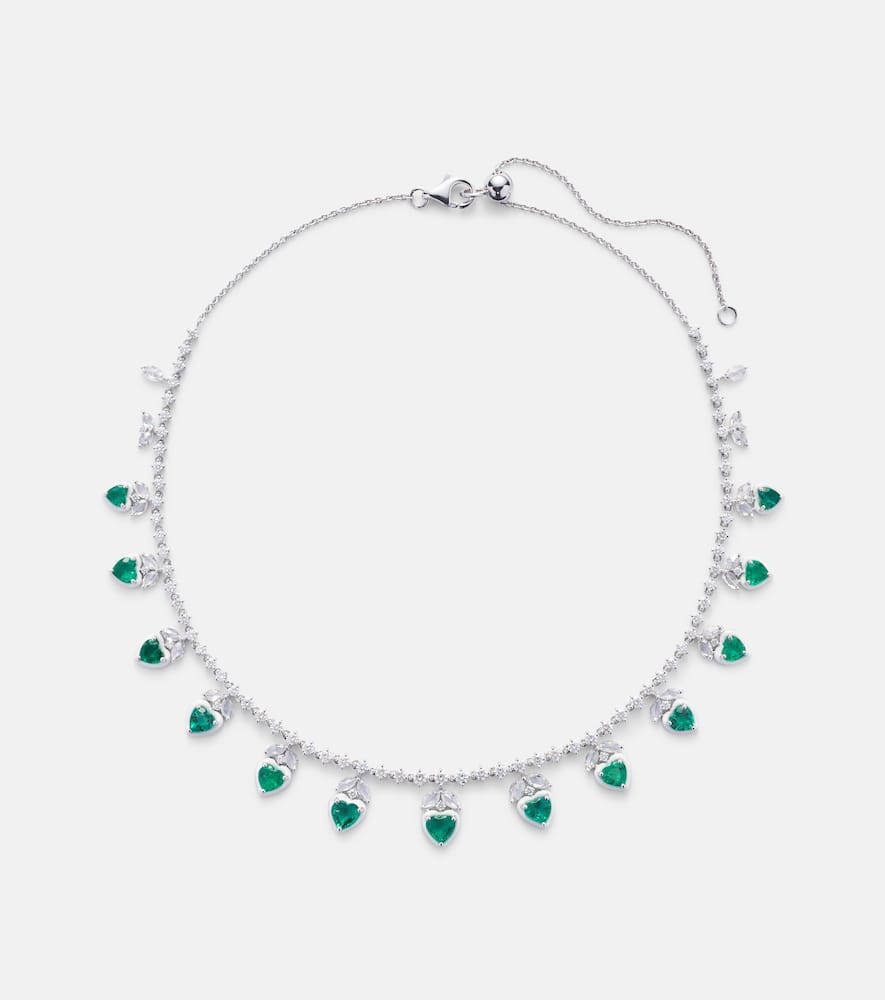 18kt white gold choker with emeralds and diamonds