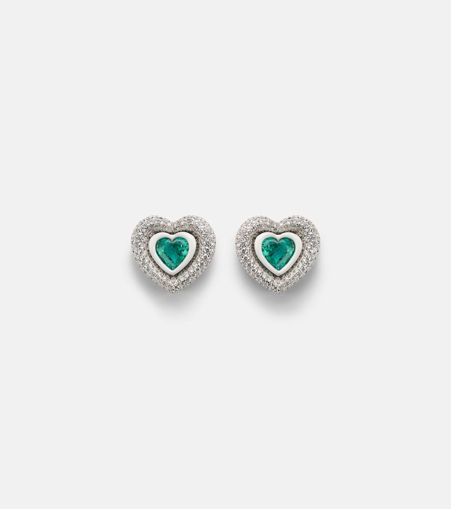 Heart 18kt white gold and enamel earrings with diamonds and emeralds