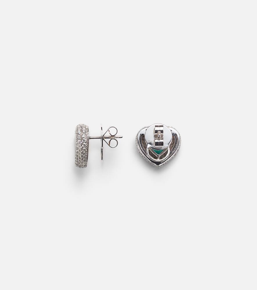 Heart 18kt white gold and enamel earrings with diamonds and emeralds