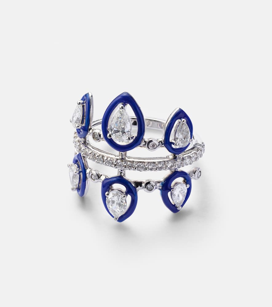 Tulip 18kt white gold pinky ring with diamonds and enamel