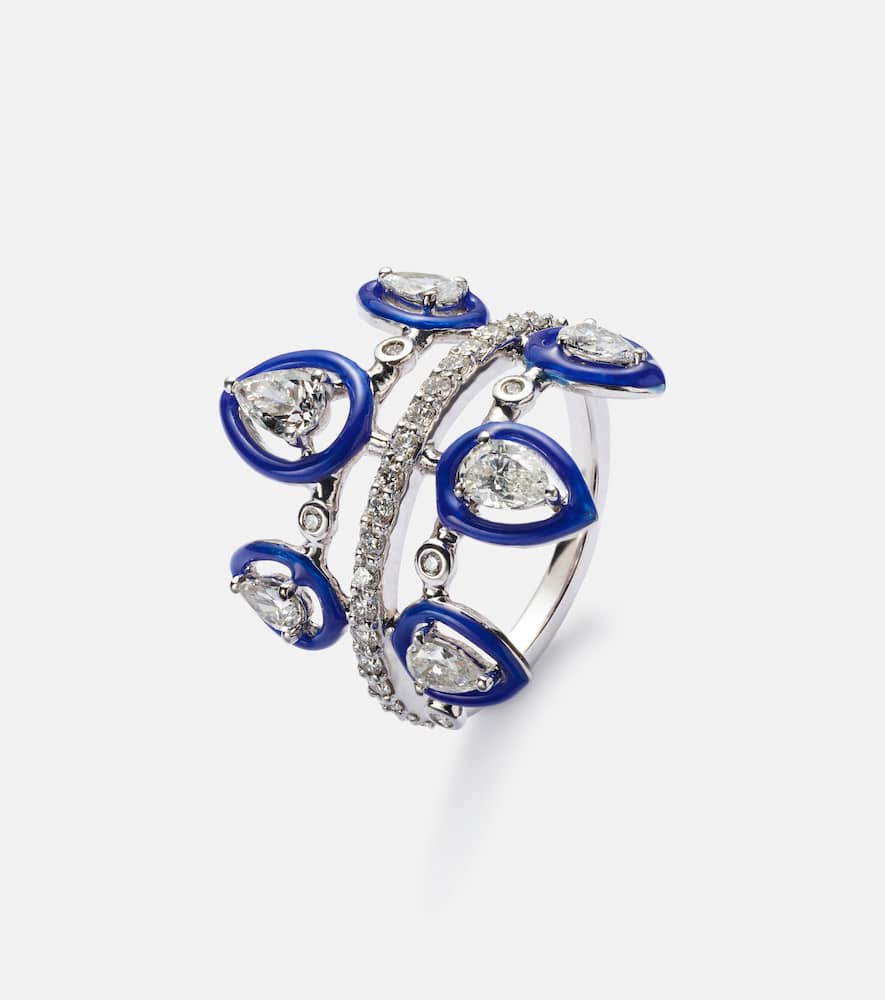 Tulip 18kt white gold pinky ring with diamonds and enamel