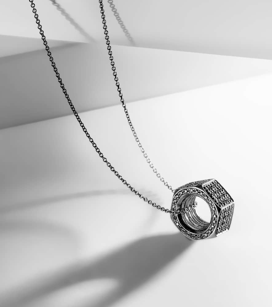 Nut Pendant sterling silver and white gold necklace with black diamonds