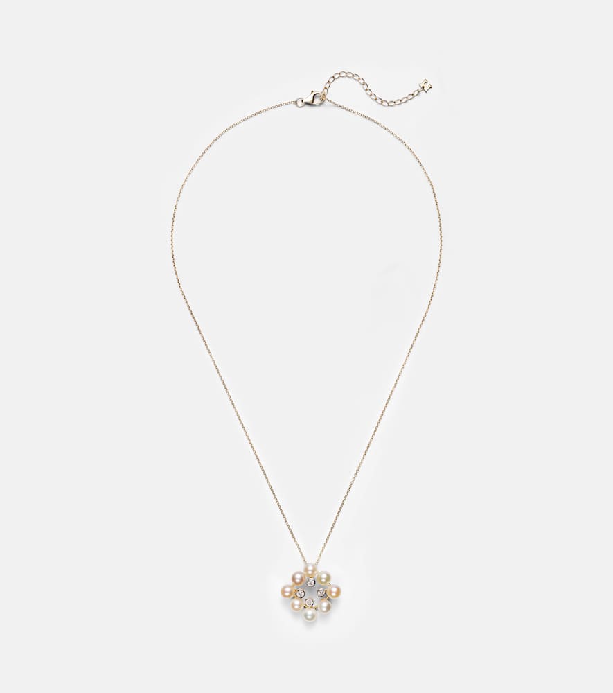 Cluster 14kt gold pendant necklace with pearls and diamonds