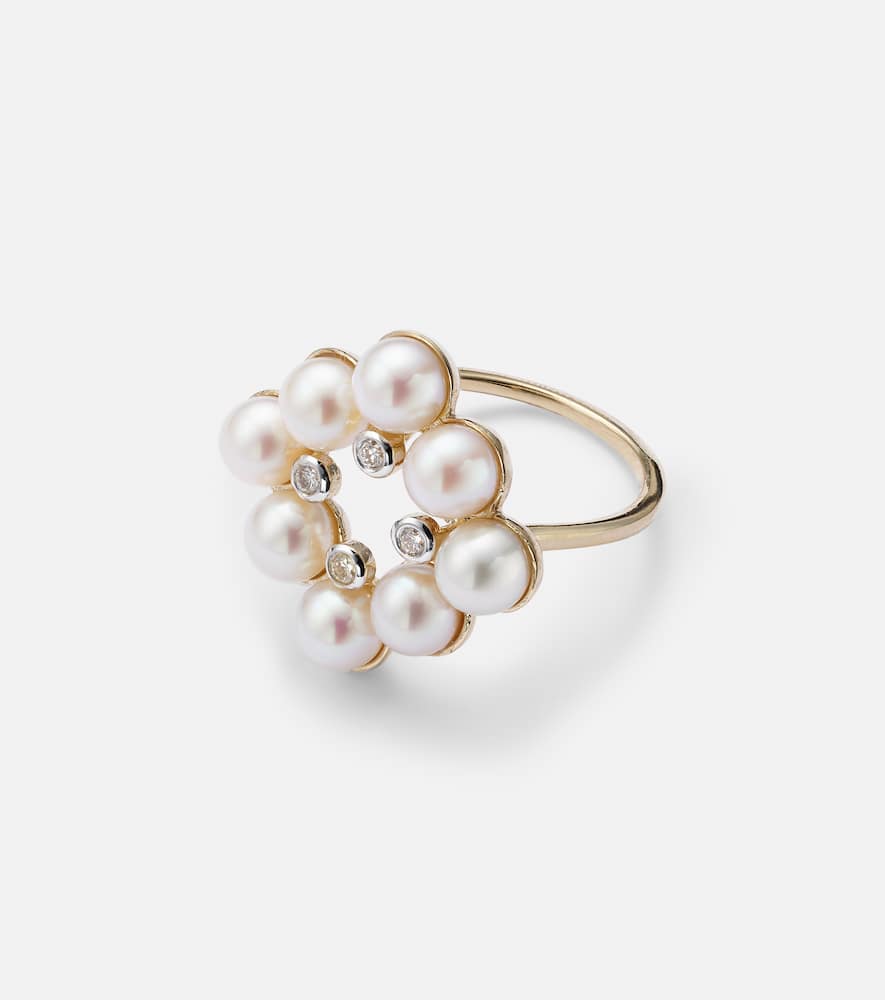 Cluster 14kt gold ring with pearls and diamonds