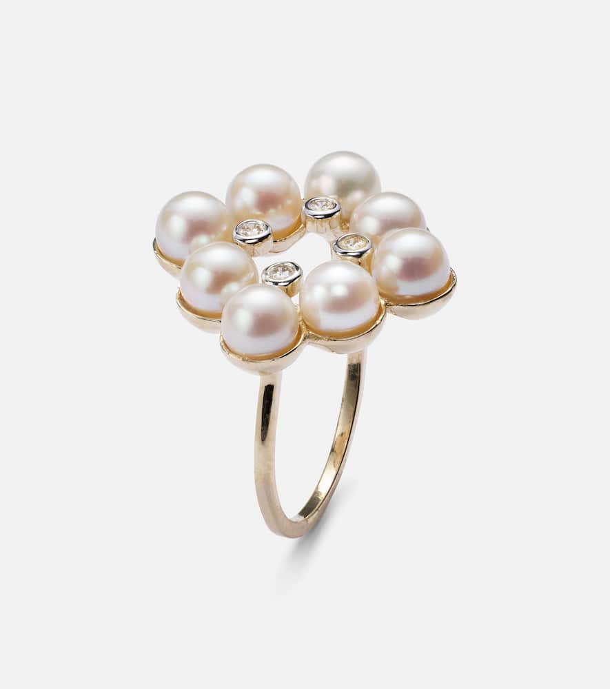 Cluster 14kt gold ring with pearls and diamonds