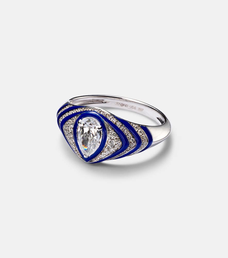 Striped Pear 18kt white gold and enamel pinky ring with diamonds