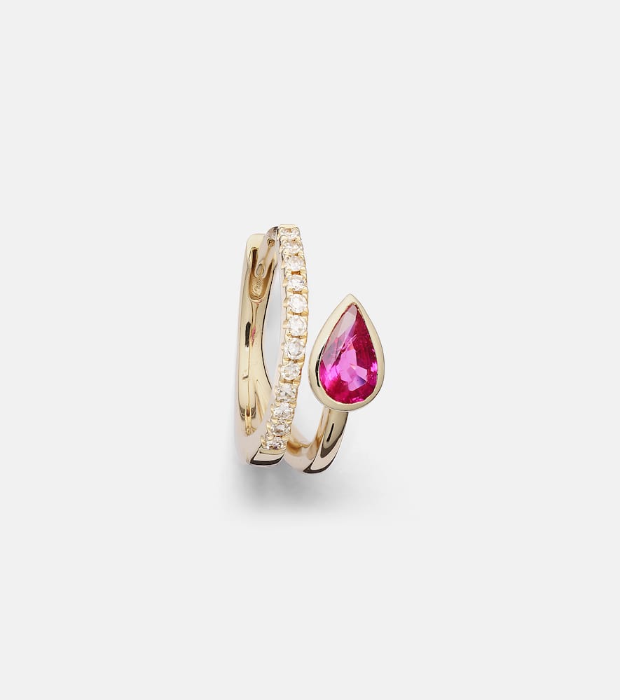 14kt gold single hoop earring with diamonds and sapphire